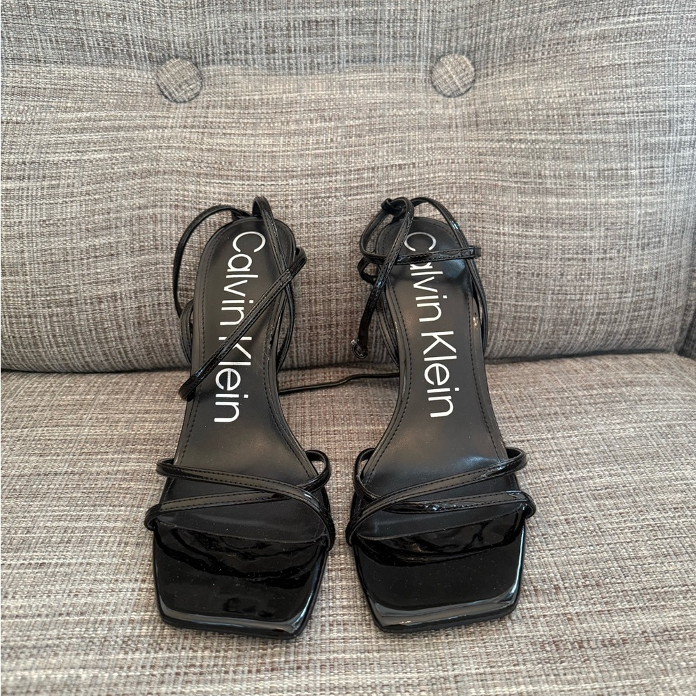Calvin Klein Black Patent Strappy Square-Toe Heels